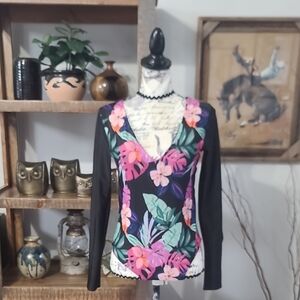 Body Glove Black Long-Sleeve V-Neck with Open Back Pink & Green Floral One Piece